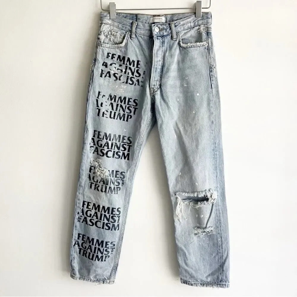 Zara 2 Jeans Femmes Against Trump Fascism LGBTQ Allies Femme - Picture 1 of 8